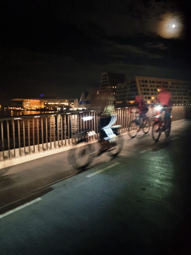 "Sfrecciare" in bicicletta per le strade di Copenhagen di sera, con l'aria fresca che mi sfiora il viso, in compagnia delle luci della notte e della luna, leggerezza e libertà.
