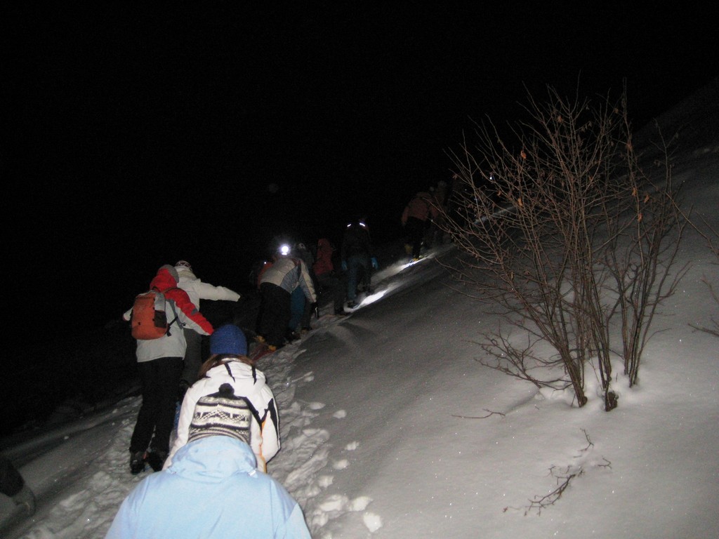 una ciaspolata al chiar di luna per scoprire il fascino silenzioso della montagne innevate di notte tra laghi alpini ghiacciati, placidi villaggi e cime maestose; camminare lentamente con le racchette ai piedi e godersi un’atmosfera speciale assaporando il riposo dell’inverno; riscoprire il piacere della montagna senza ressa, senza confusione, ma popolata solo dalle impronte del nostro gruppo sparuto che si uniscono a quelle degli animali nella neve.
