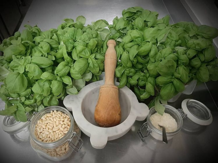 preparare condimenti per le mie pietanze secondo le ricette della tradizione: mortaio e pestello, tutto è pronto per sua maestà il pesto alla genovese.