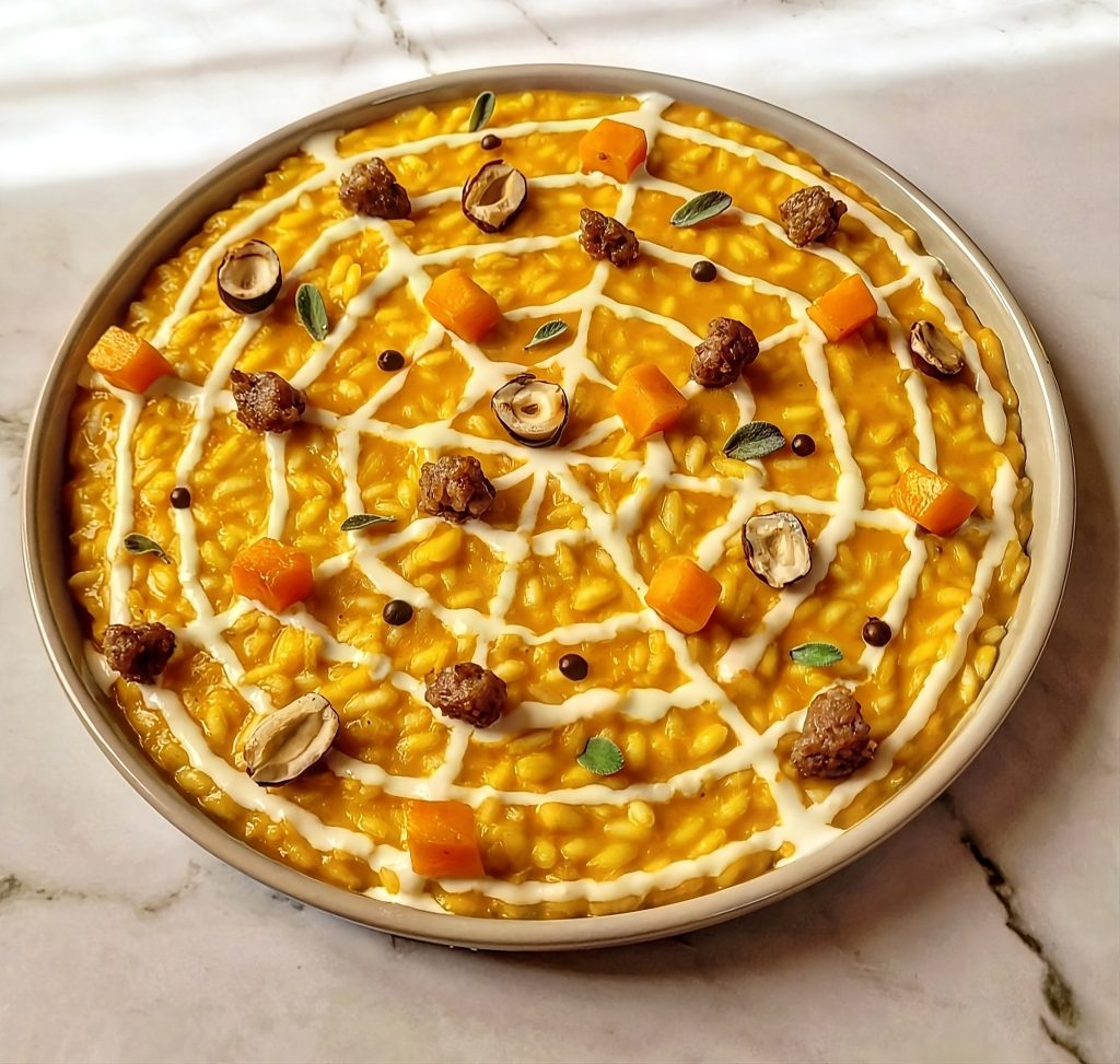 Creare risotti e curare non solo la scelta degli ingredienti ma anche dare spazio alla creatività per l'impiattamento! La cucina è arte.
Nel mese di Ottobre come si fa a non pensare alla zucca? Ho usato la Butternut e lo scalogno come base di questo risotto. Ho guarnito il tutto con cubetti di zucca,salsiccia ,crema di brie e nocciole tostate. Infine ho utilizzato micro foglie di salvia ed il pepe verde del Madagascar come aromi.