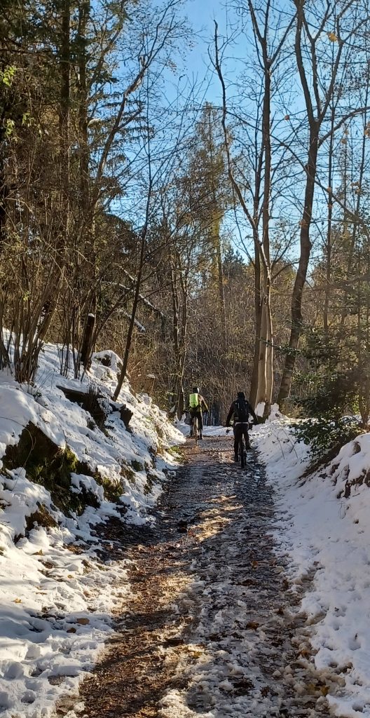 Perlustrare le colline in bicicletta in cerca della prima neve fresca e candida